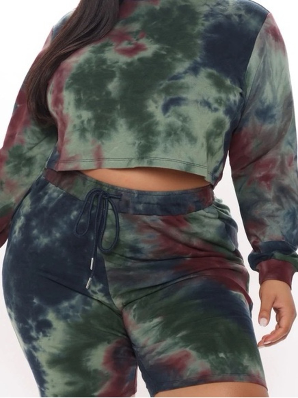 Fashion Nova Tie-Dye Cropped Sweatshirt & Shorts Set - Green, Navy & Burgundy